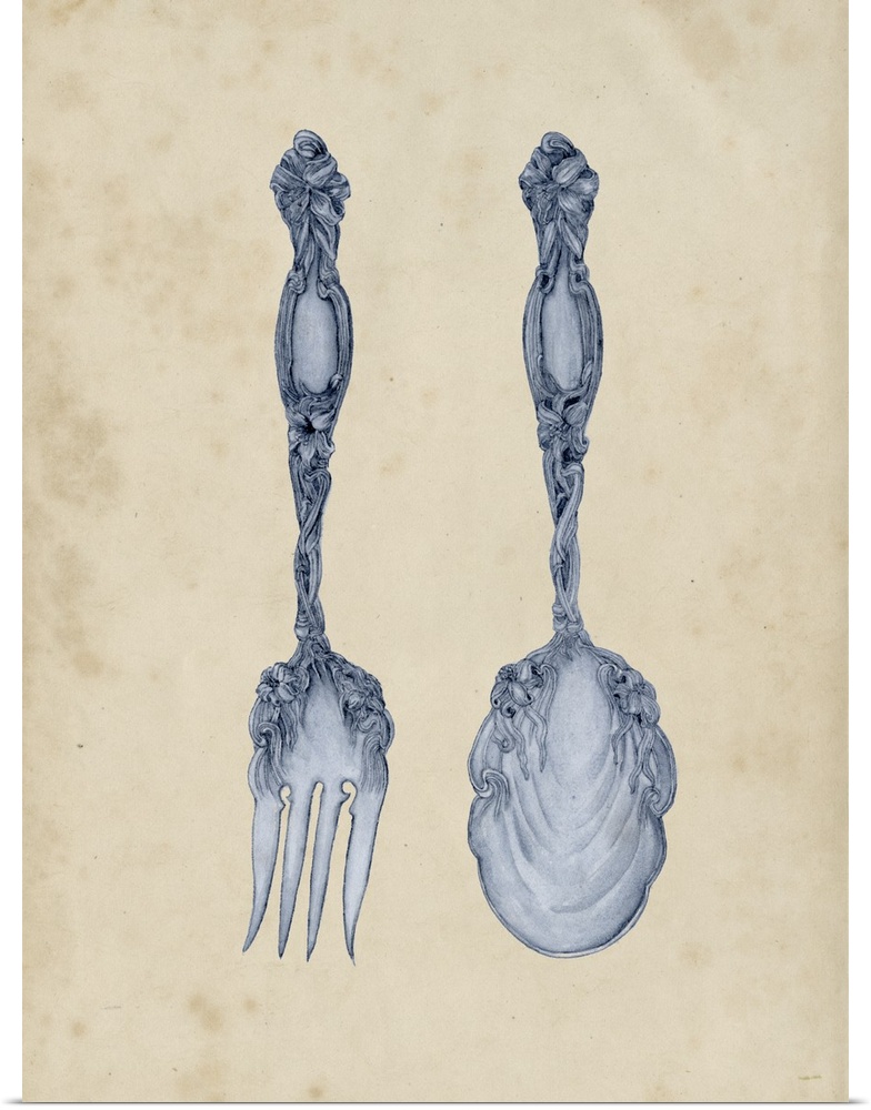 Decorative artwork of an antique fork and spoon with intricate details on an aged sepia background.