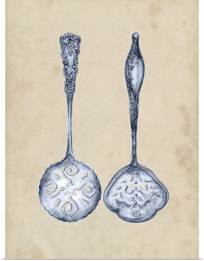 Decorative artwork of an antique fork and spoon with intricate details on an aged sepia background.