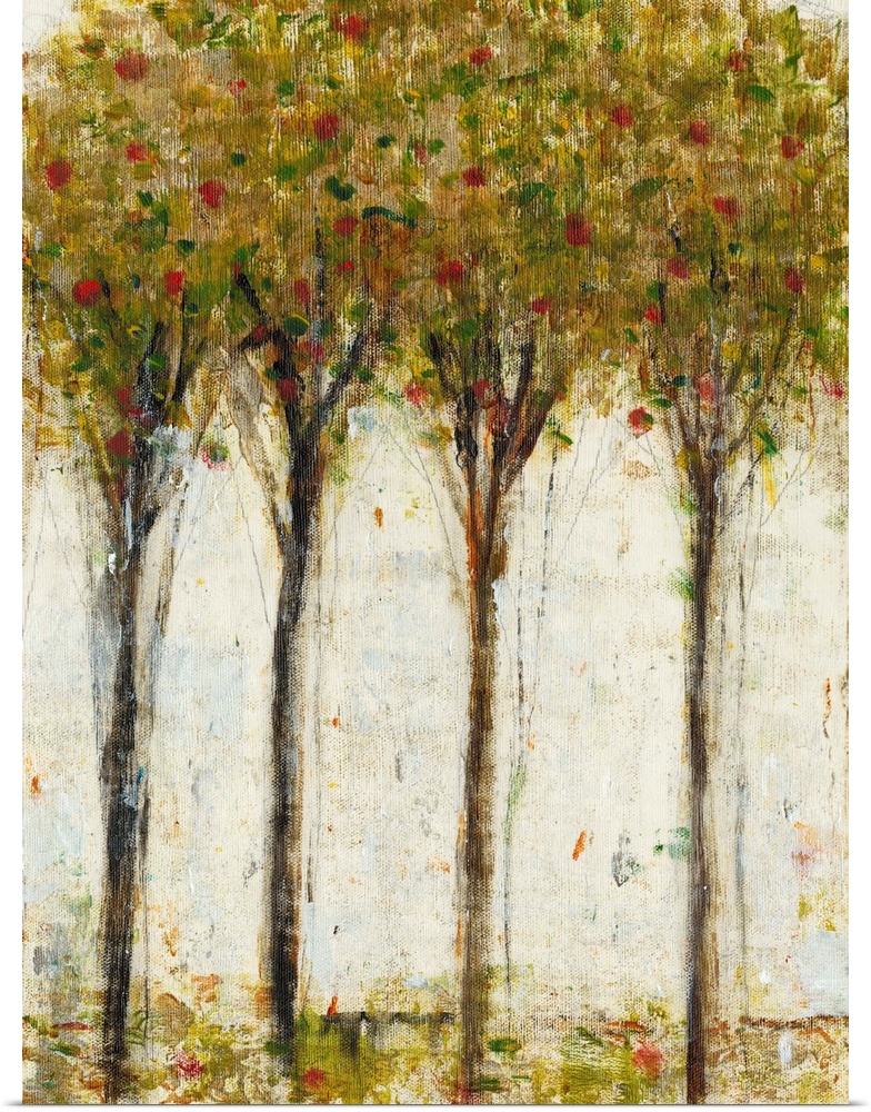 Contemporary painting of a grove of tall thin trees.