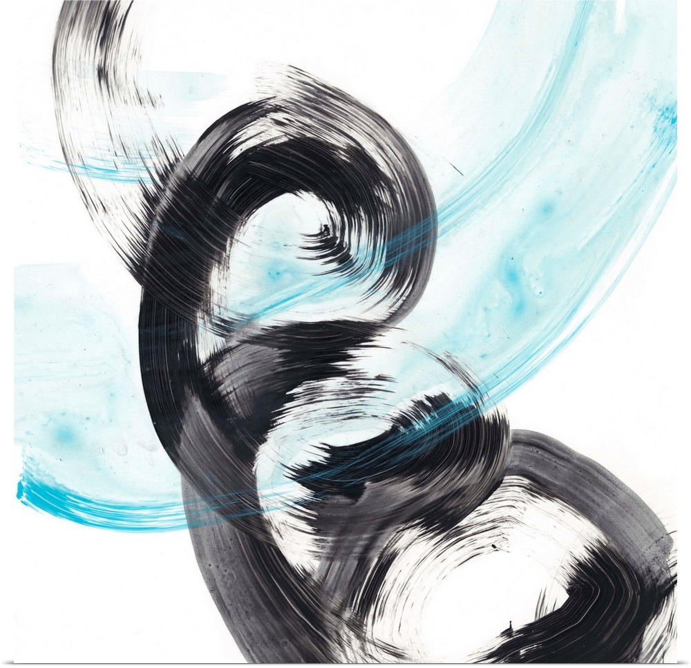 Black and frosty blue spirals make up this dynamic contemporary abstract.