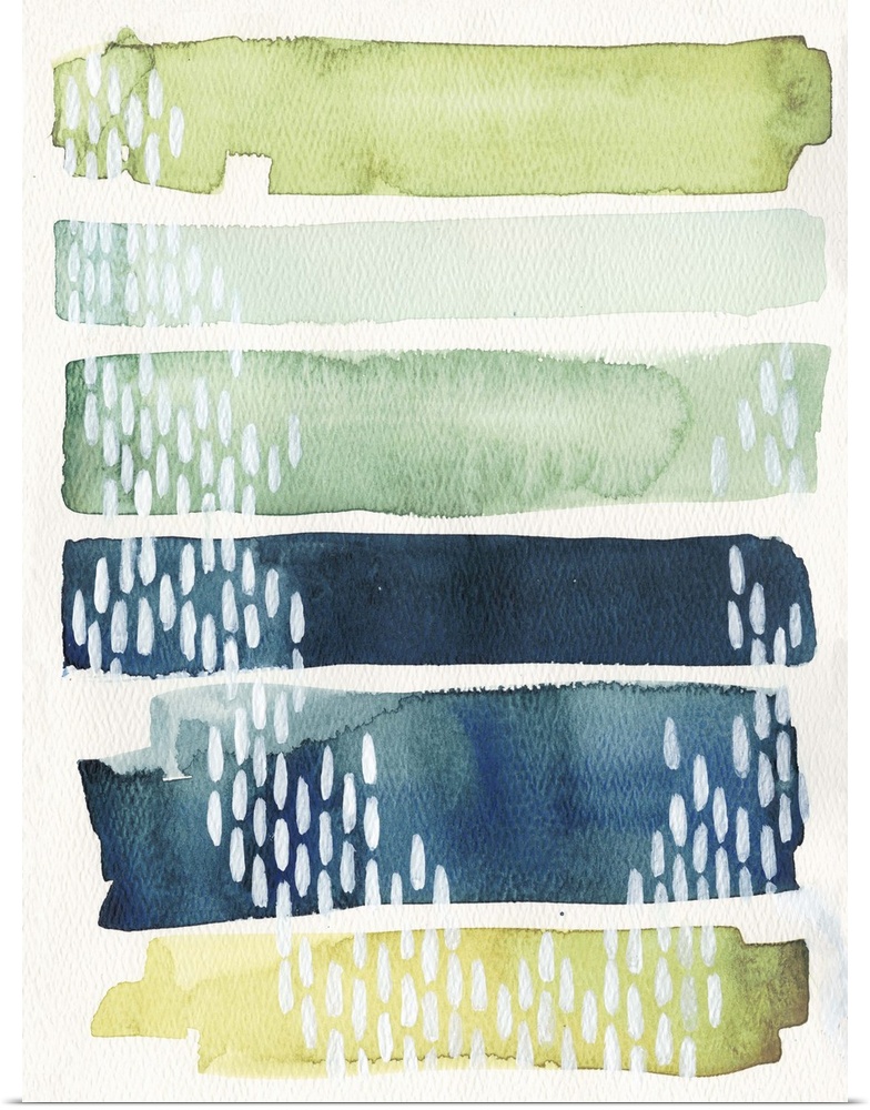 Watercolor abstract painting in blue and green shades, with white patterns.