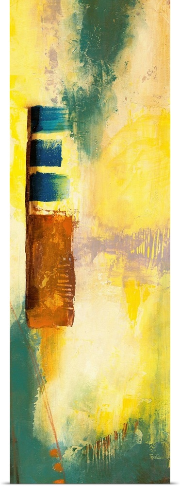 Contemporary abstract painting using bright yellow and dark green.