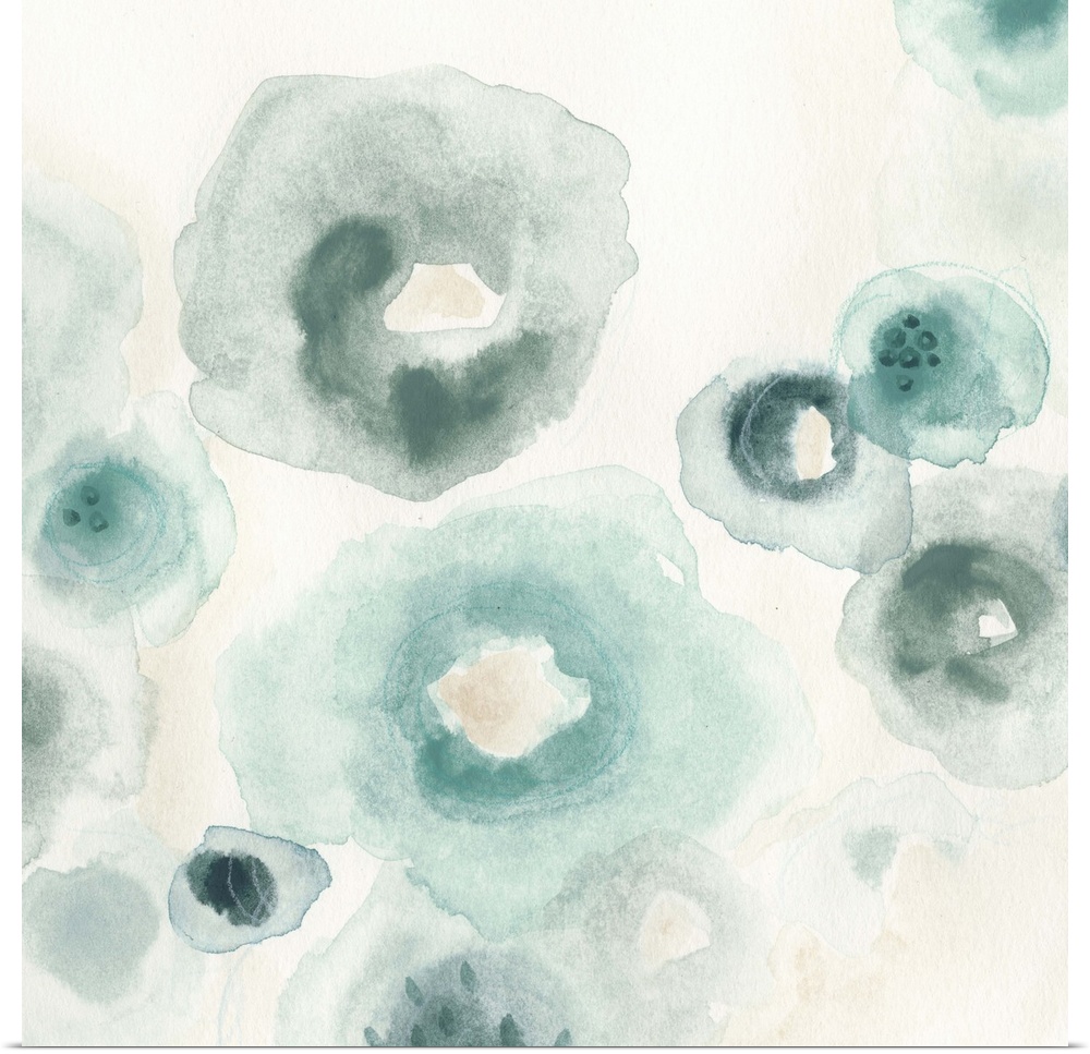 Abstract watercolor floral painting in pale blue and grey.