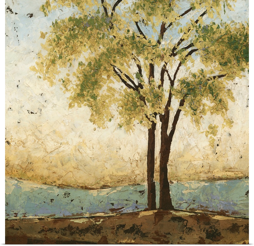 Simple painting of two close trees, slightly offset from the center, each with leafy boughs of muted foliage.