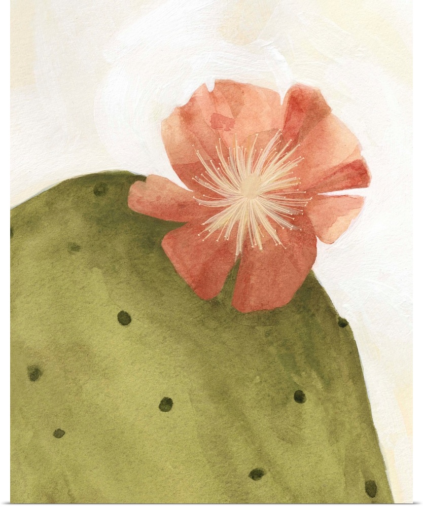 Contemporary painting of a bloom on the top of a cactus on a neutral backdrop.