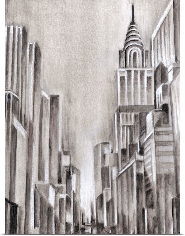 Contemporary monotone painting of skyscrapers in New York City, done in an Art Deco style.