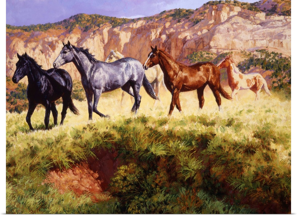Contemporary colorful painting of a herd of horses running through a desert landscape.