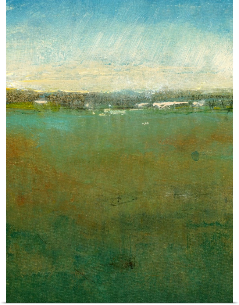Abstract artwork of a massive field with a cloudy sky painted above it.