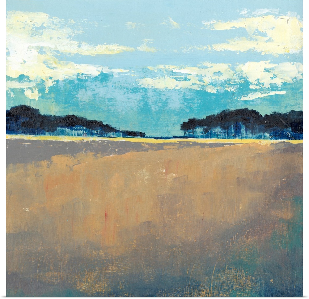 Contemporary painting of landscape with dark trees in the flat landscape under a blue sky.