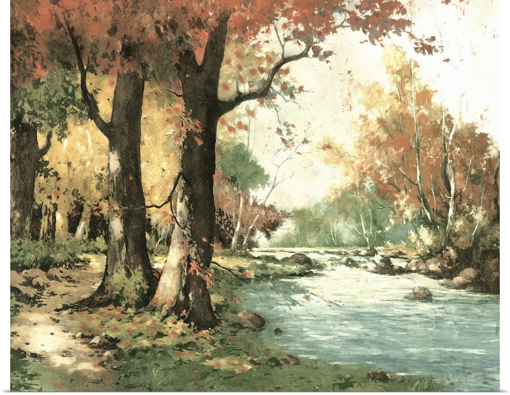 Contemporary artwork of an autumn landscape seen in the foliage of the trees.