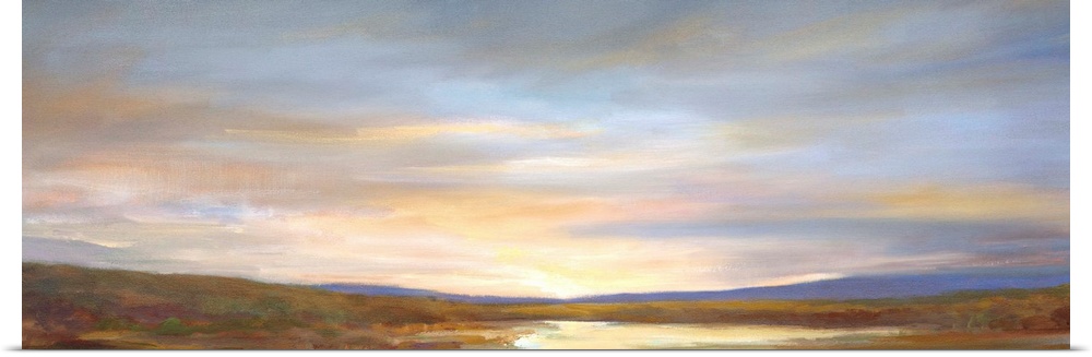 Contemporary painting of pastel clouds over calm waters.