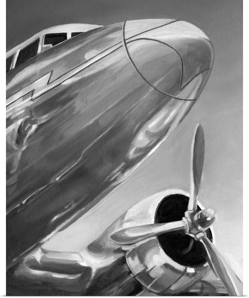 Brush strokes in gray tones create a reflective plane and propeller in this contemporary artwork.