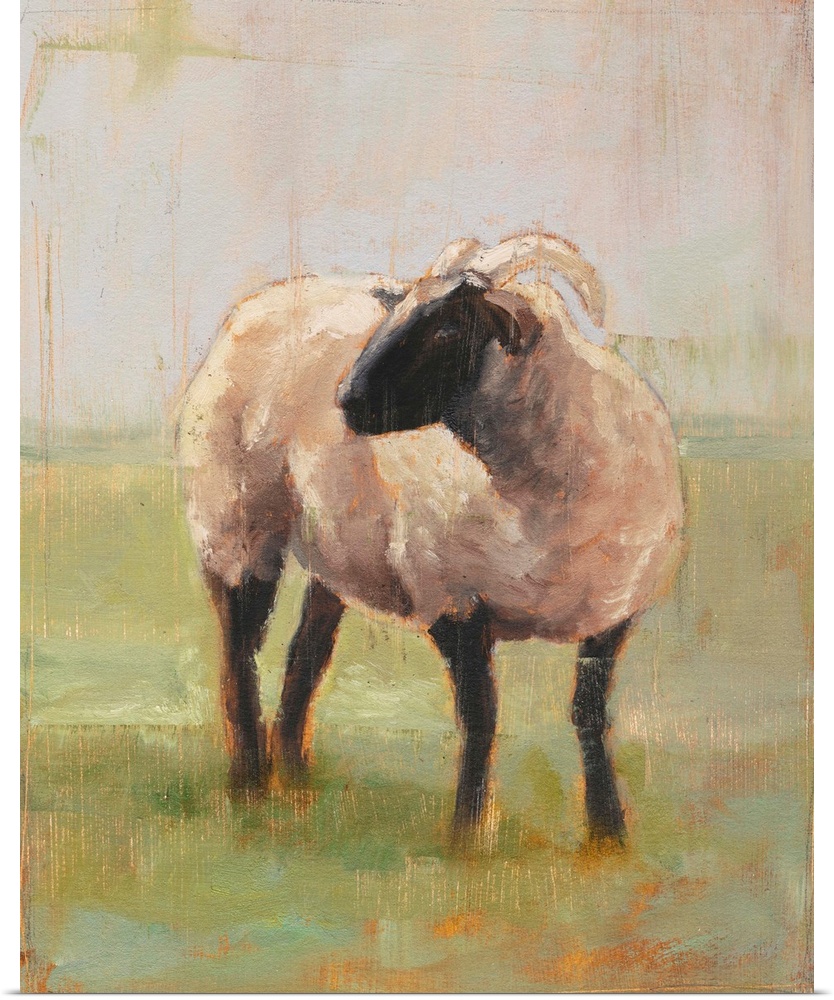Contemporary rustic painting of a single ram with an aged look.