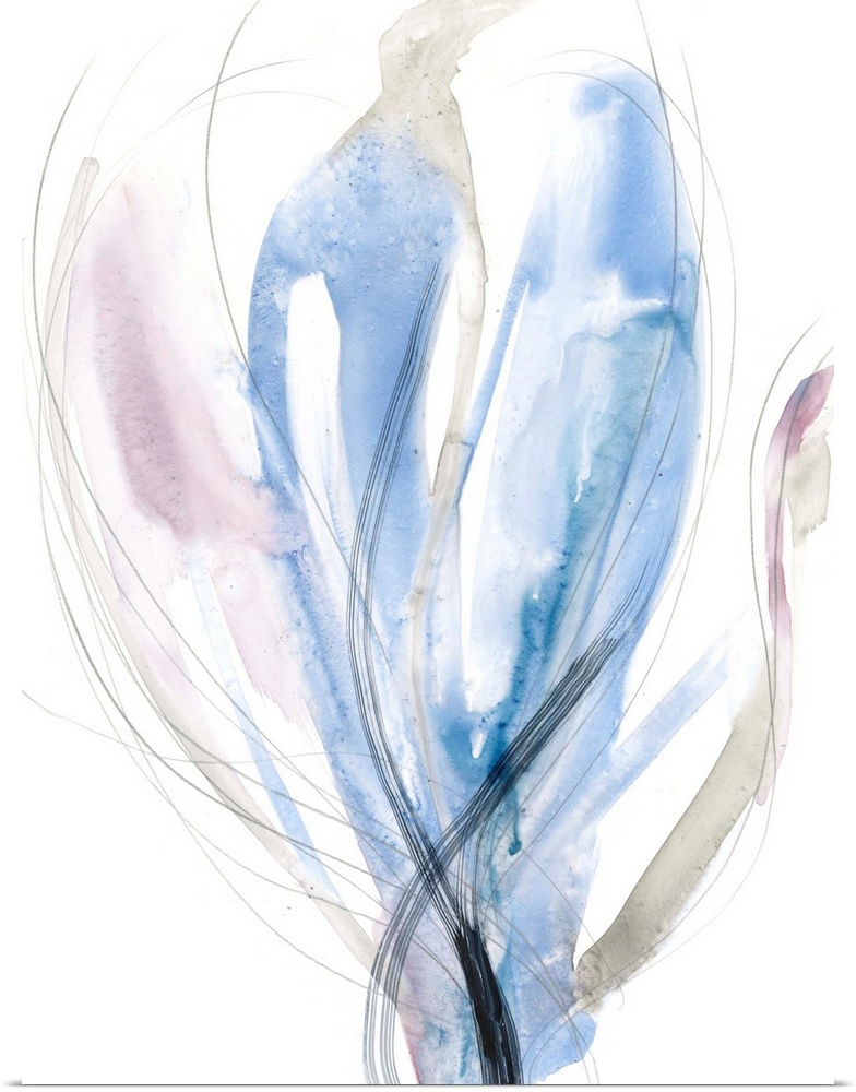 Contemporary abstract painting of a floral shaped form in azure blue.