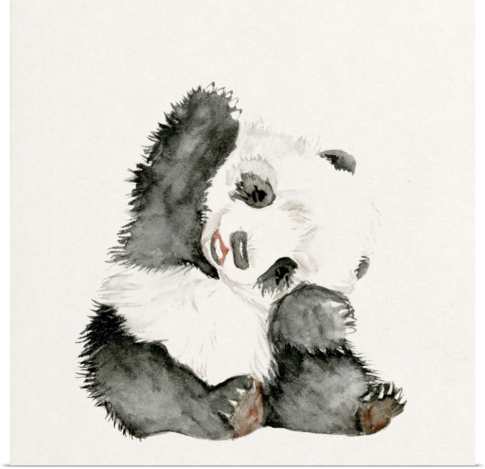 Watercolor artwork of a cute baby panda waving.