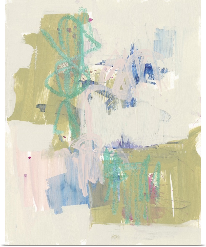 Contemporary abstract painting with bright blue and olive green shapes amongst a field of pale pink.
