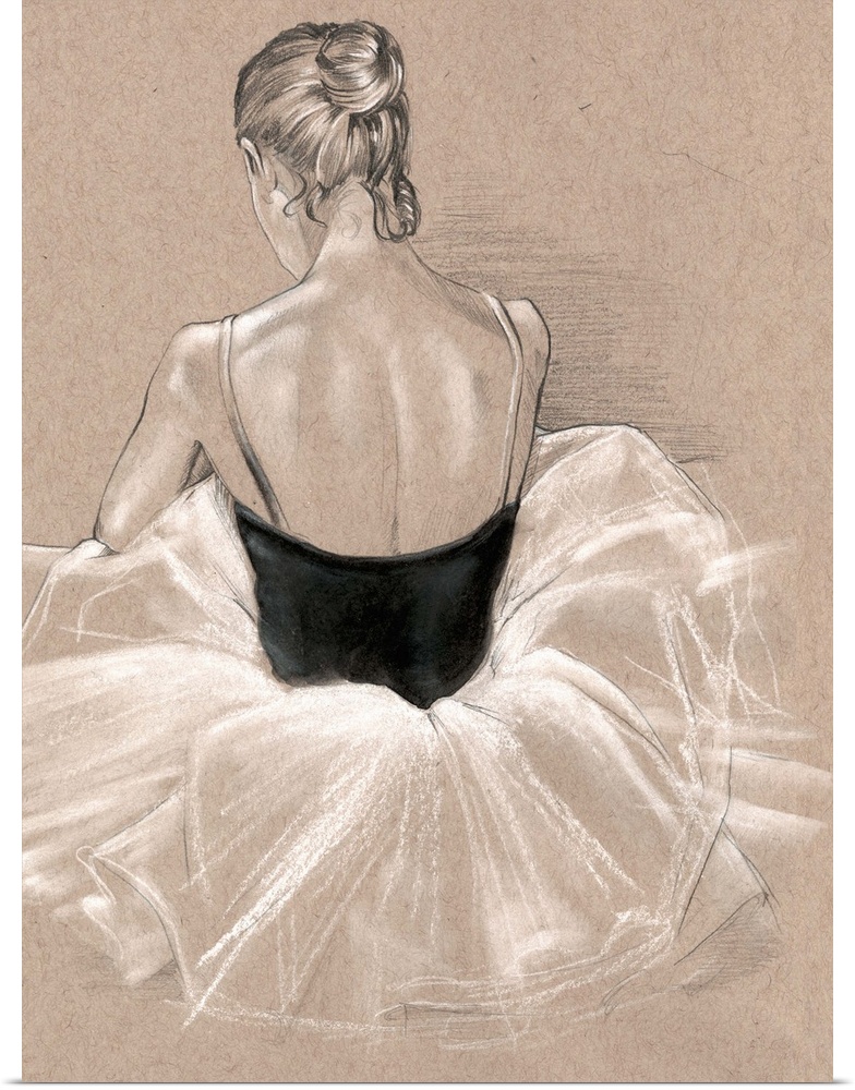 Detail drawing of the back of a ballerina sitting, done in black and white on a beige background.