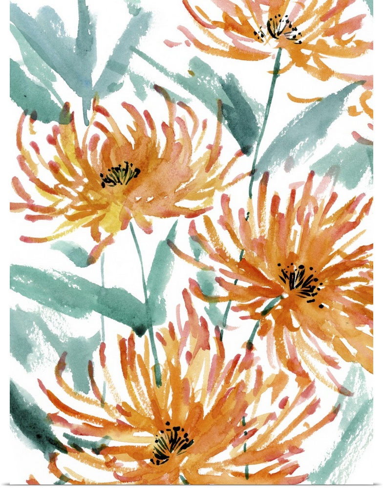 Contemporary watercolor painting of orange, red, and yellow flowers with blue-green leaves on a white background.