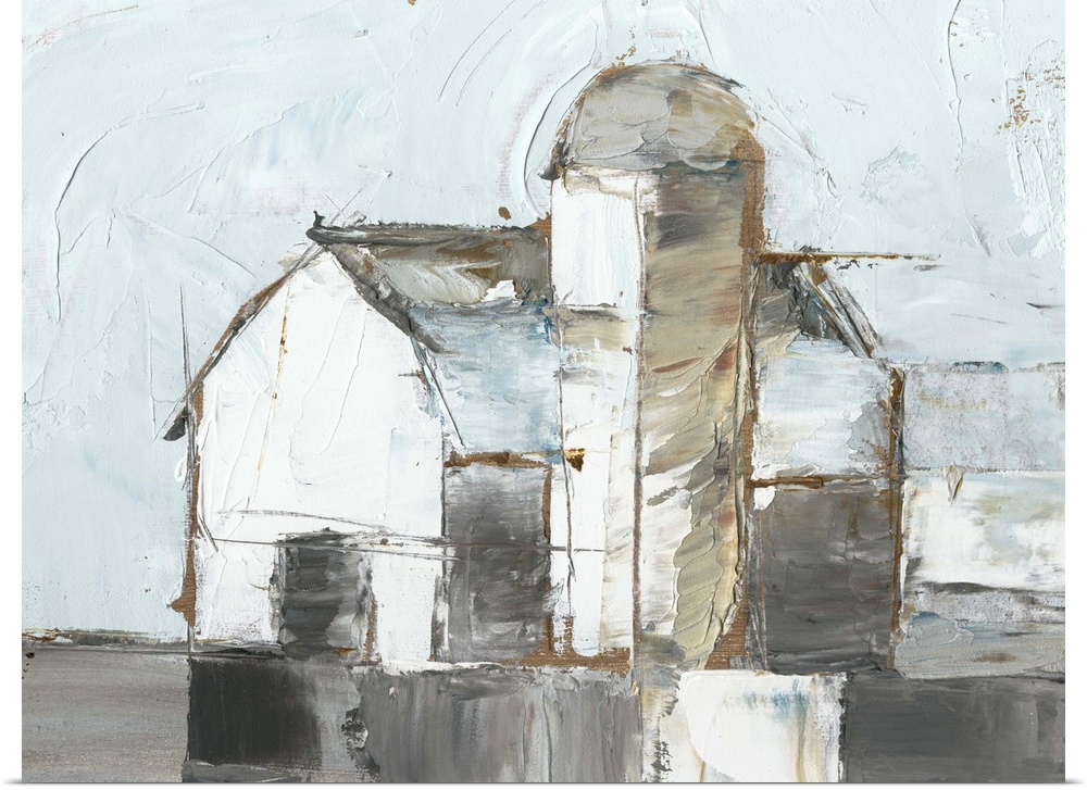Painting of a white barn and silo with pale blue and grey.