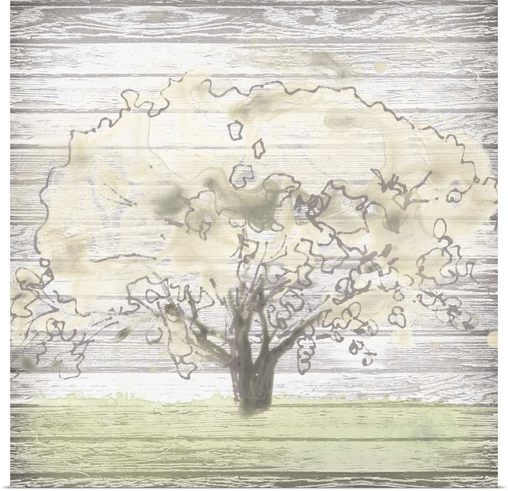 Creative artwork of a faded tree and grass on a weathered white wood plank background.