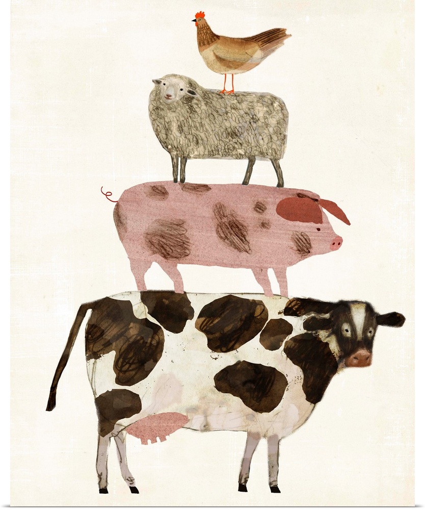 A pyramid of sketched and drawn farm animals fill the neutral distressed background in this decorative folk art.