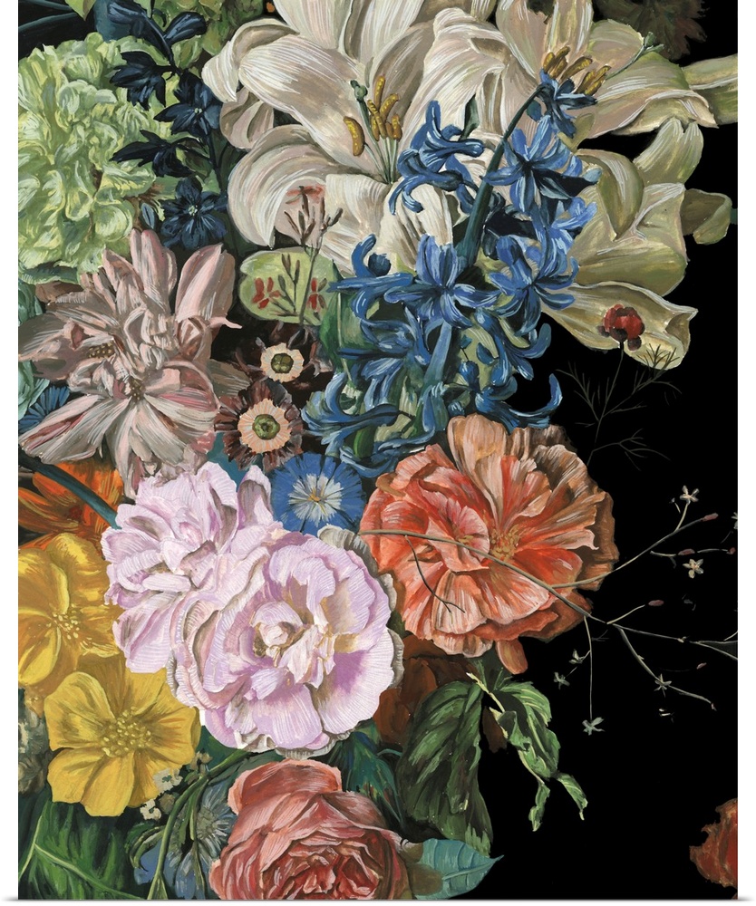 Vertical contemporary artwork featuring flowers surrounded by rich greenery against a black background.