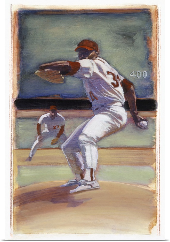 Decorative image of a baseball pitcher getting ready to throw the ball during a game, bordered with roughen edges.