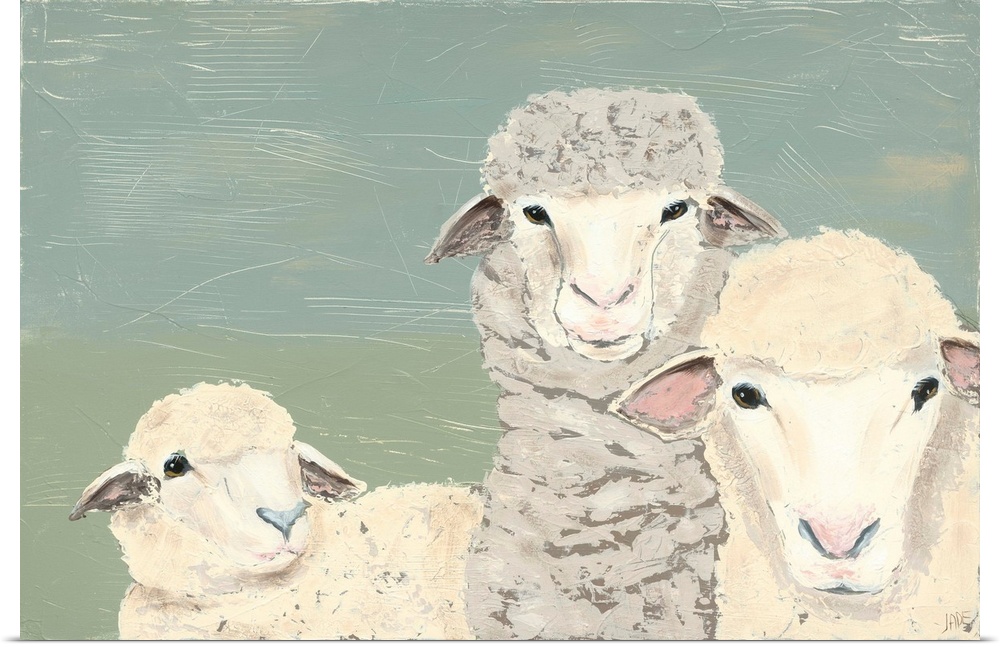 Three poised sheep over a blue and green textured background stare at the viewer in this contemporary artwork.