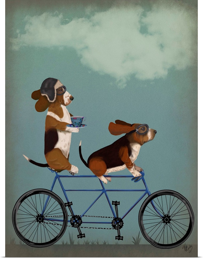 Decorative artwork of two Basset Hounds riding on a tandem bicycle, with the one in the back drinking a cup of tea.