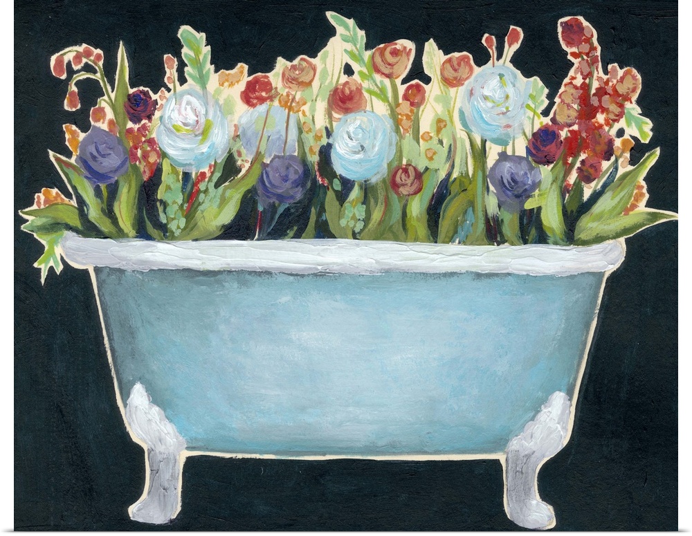 Contemporary painting of a blue bathtub filled with colorful flowers against a dark blue background.