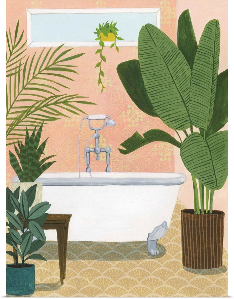 Fun contemporary painting of a bathroom decorated with bright green foliage.