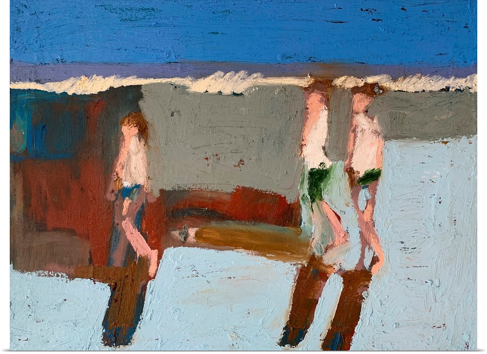 A very blocky, abstracted contemporary painting of three figures walking in front of low waves tumbling onto the beach