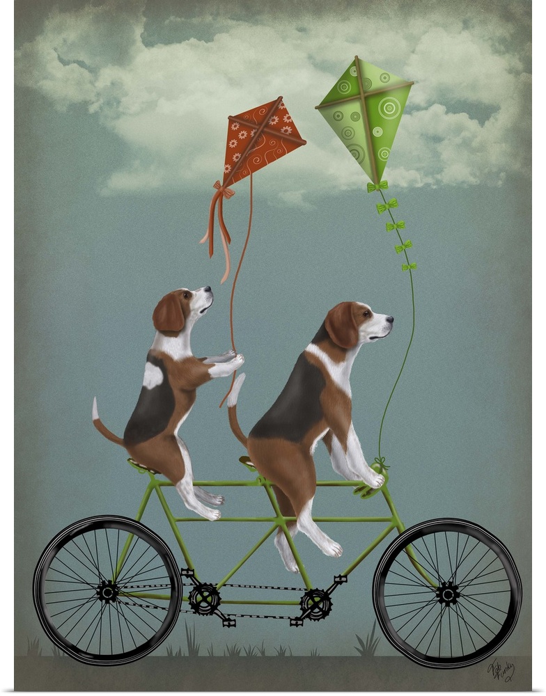Decorative artwork of two Beagles riding on a tandem bicycle with a green and red kites attached.