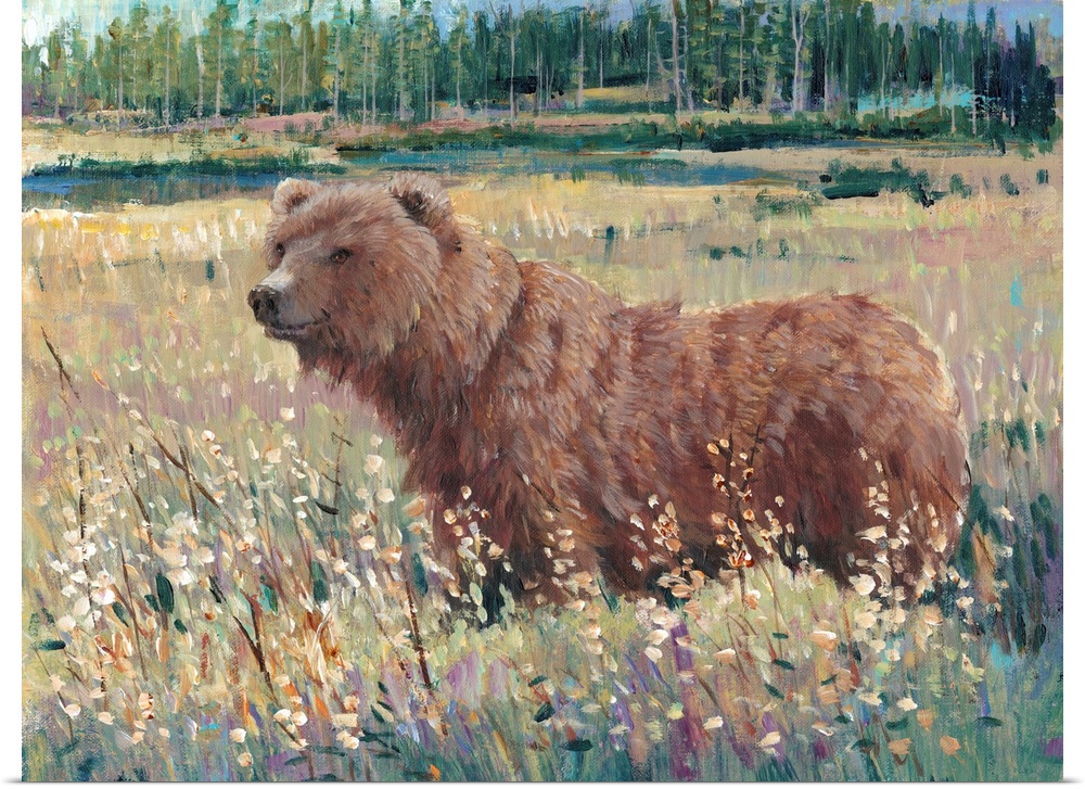 Contemporary art print of a brown bear standing in a field of wildflowers.