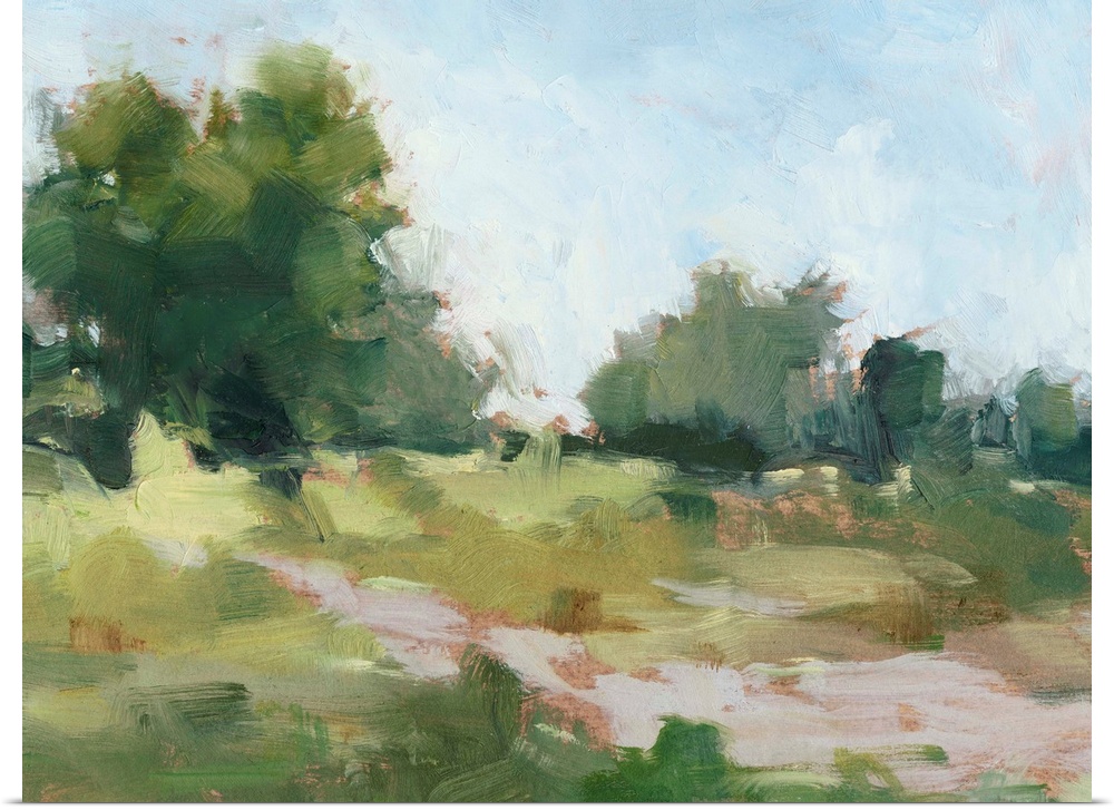 Contemporary abstract painting of a path flowing through a green landscape.