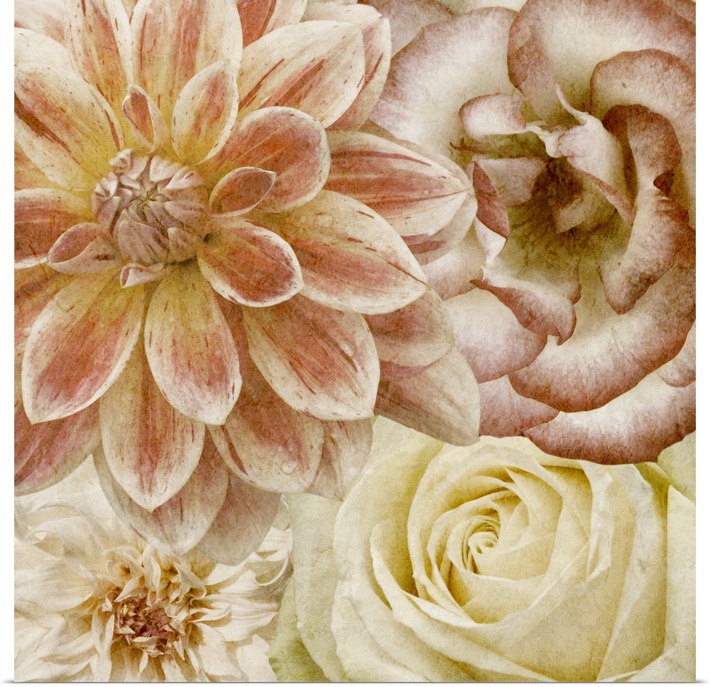 Flowers in shades of pink and yellow fill this decorative art edge to edge.