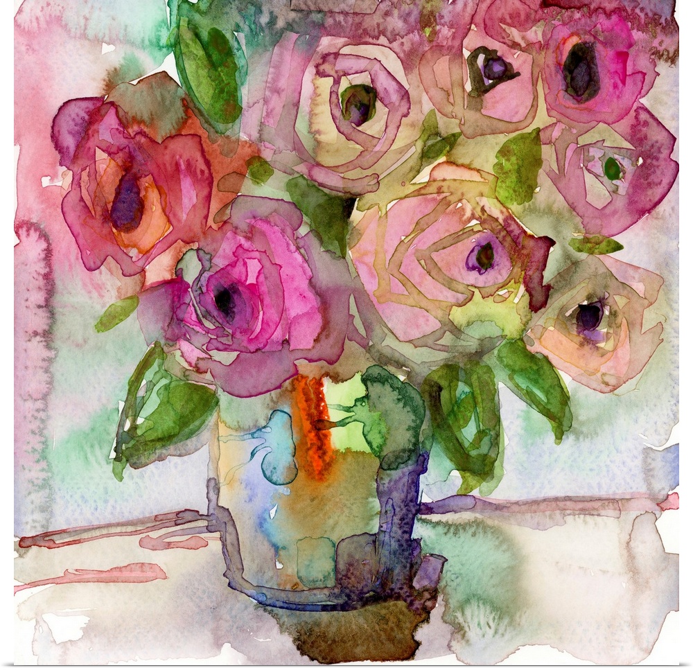 A very bright, contemporary ink painting of full bloom roses in a vase - the style is very loose and abstracted.