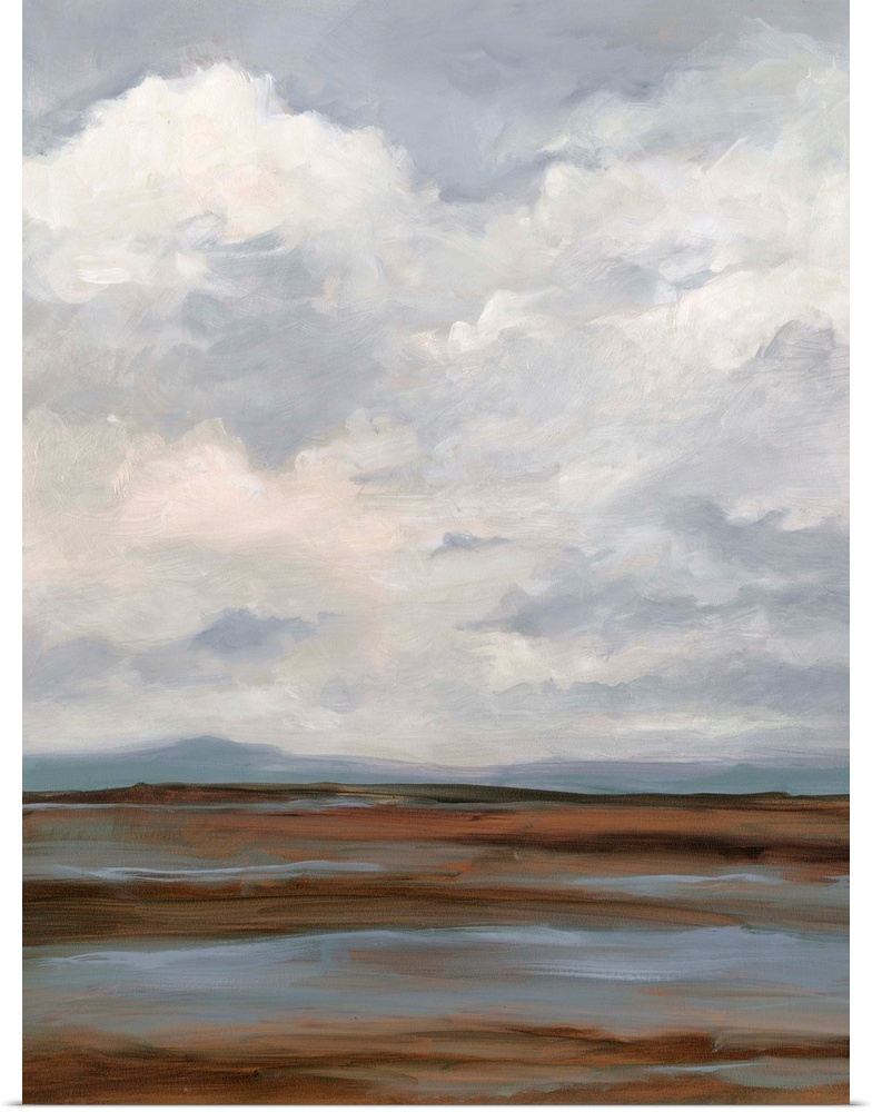 Contemporary landscape painting with a sky filled with clouds.