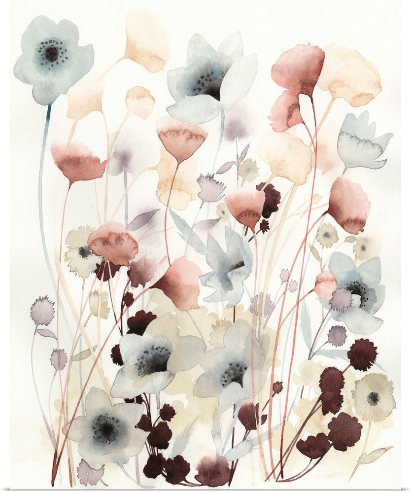 Watercolor painting of a flower bed with pastel wildflowers.