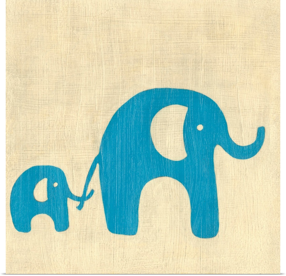 Chrildren's themed painting of two simplistic elephants, one holding the other's tail with its nose, on a cream colored ba...