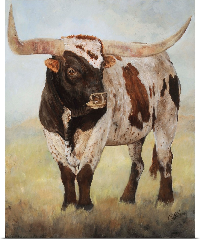 Horizontal contemporary artwork of a longhorn cow grazing on a field in cool tones.