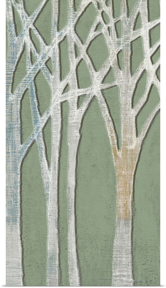 Contemporary home decor art of a birch trees against a pale green background.