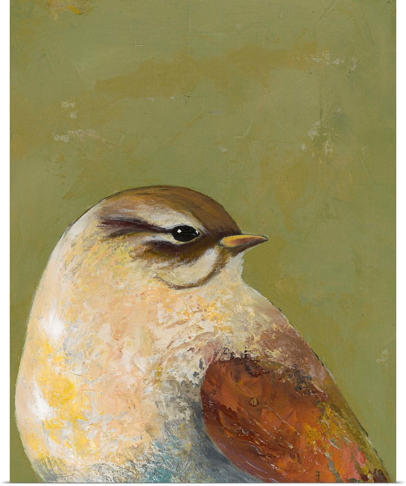 Contemporary painting of a close-up of a garden bird against a green background.