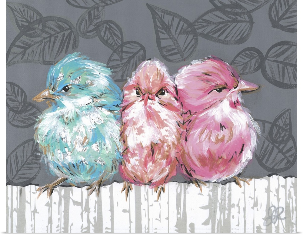 Three bright colored birds in pink, peach and blue, perched on a white fence against a grey leaf patterned background.