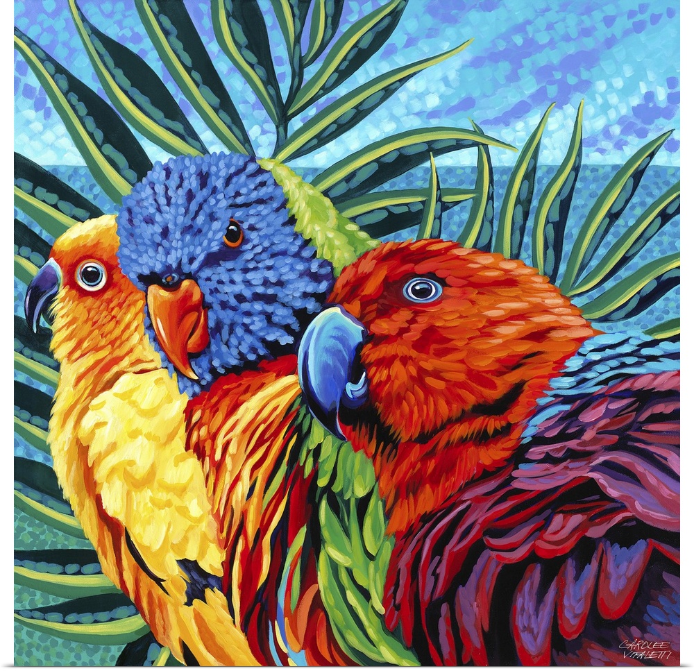 Contemporary painting of three tropical birds, including a Sun Conure, a Rainbow Lory, and a female Eclectus.