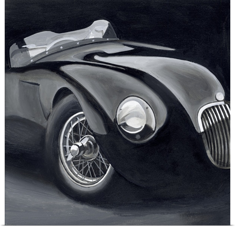 A contemporary painting of a classic vintage car in a polished black finish.