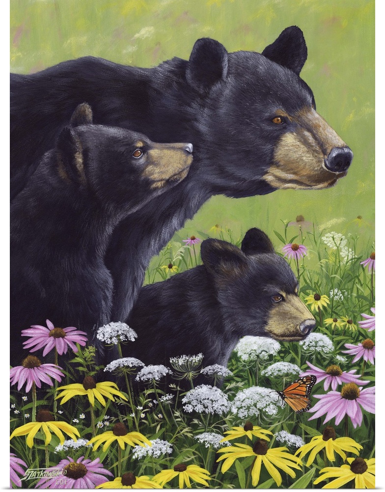 Contemporary wildlife painting of a mother black bear and her two cubs in a field of wildflowers.