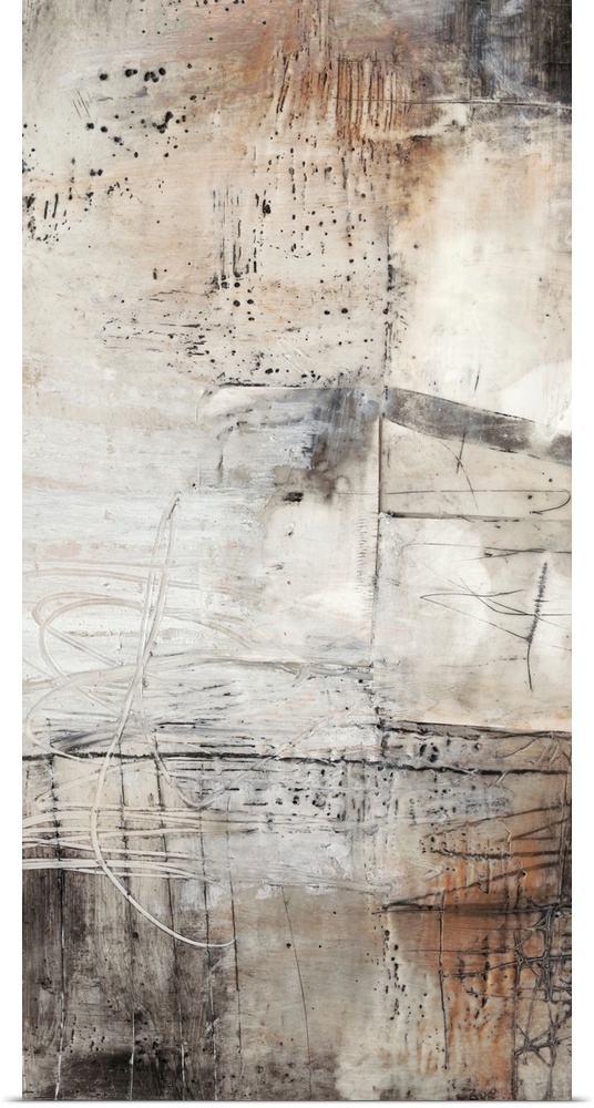 This industrial abstract artwork features textural designs in earthy and rustic tones over a chalky background.