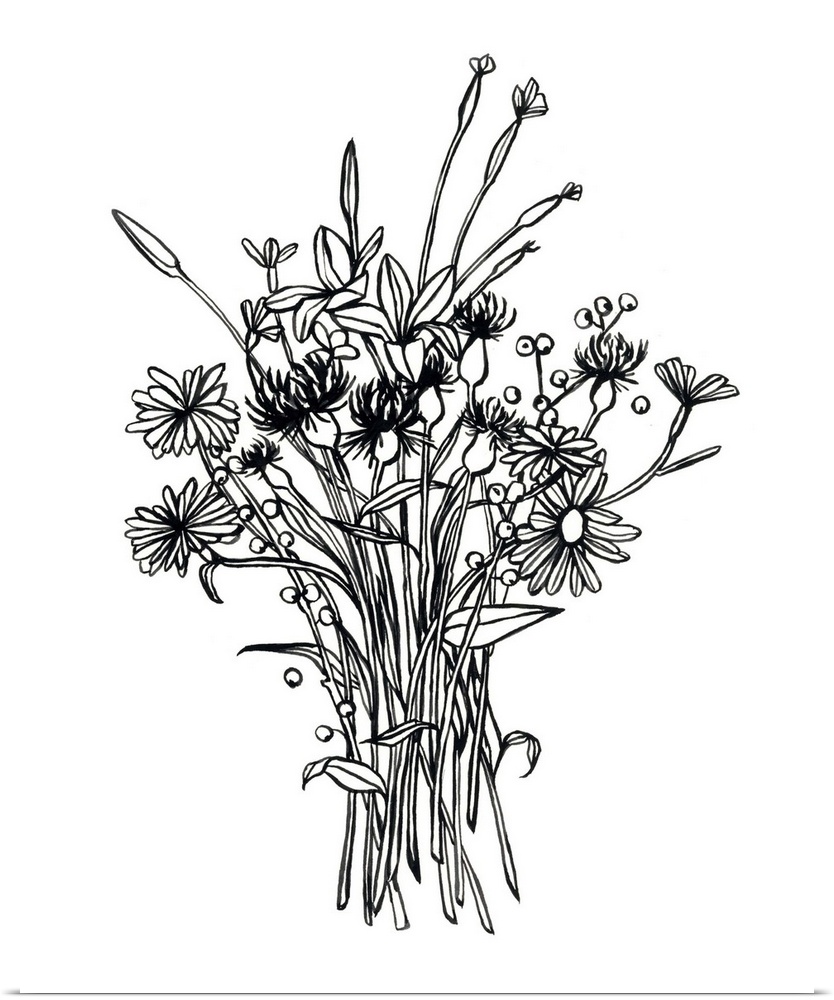 Contemporary painting of a floral bouquet outlined in black on a white background.