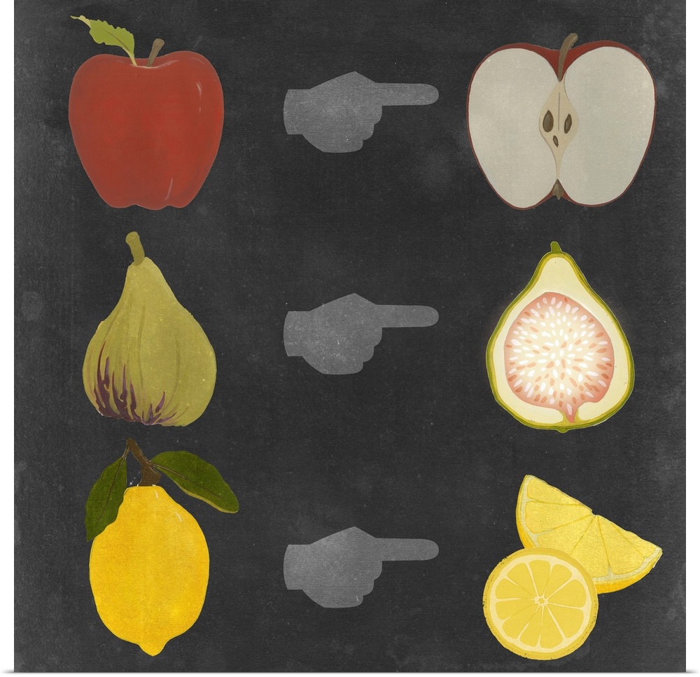 Contemporary artwork of fruits and their halves in chalkboard style.